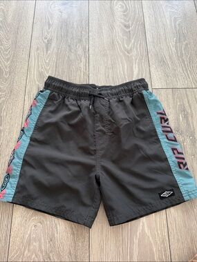 Rip Curl Black Swim Trunks with Teal Panels and Pink Logo